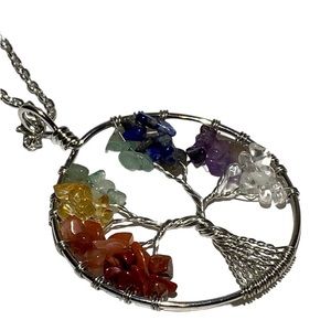 Chakra Gemstone Wire Wrapped Circle Tree Of Life Pendant Necklace Silver Tone